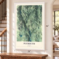Plymouth, Vermont map, 24 x 36 inch print in a white frame by a staircase