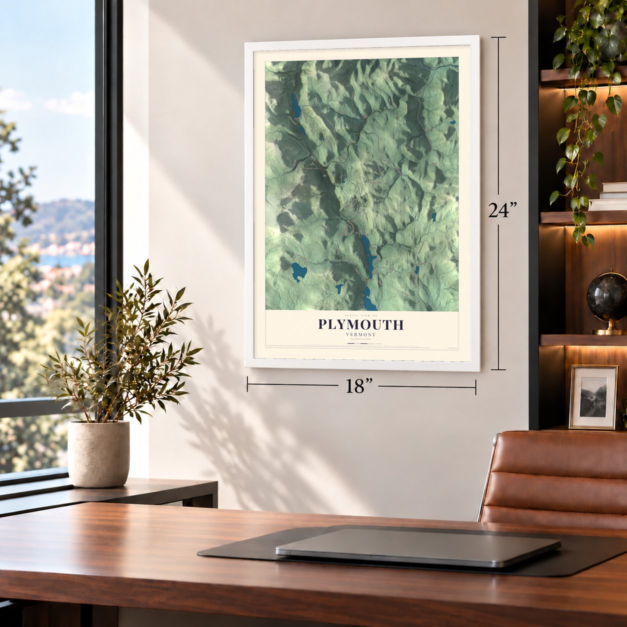 Plymouth, Vermont map, 18 x 24 inch print in a white frame in a home office
