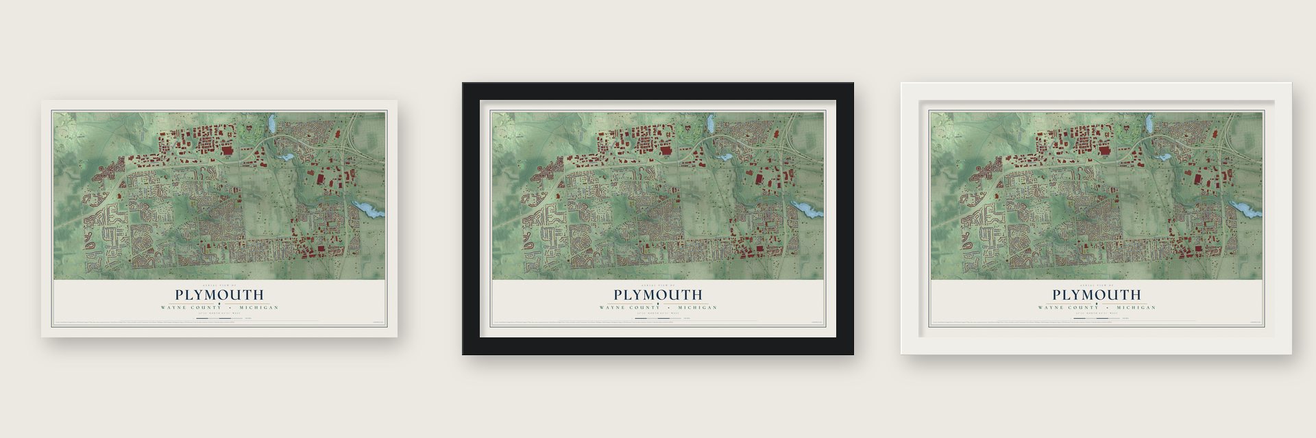 Plymouth, Wayne County, Michigan map unframed, in a black wood frame and in a white wood frame