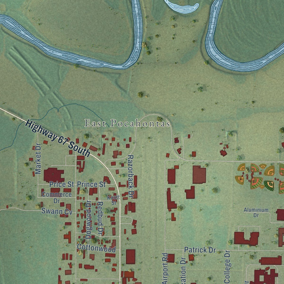 Second close-up of the map of Pocahontas, Arkansas print showing more streets and buildings