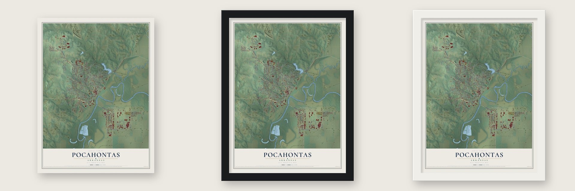 Pocahontas, Arkansas map unframed, in a black wood frame and in a white wood frame