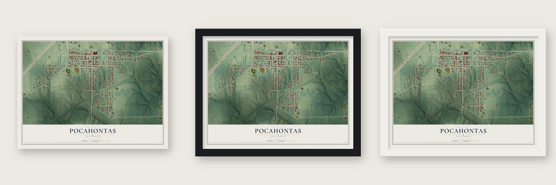Pocahontas, Illinois map unframed, in a black wood frame and in a white wood frame