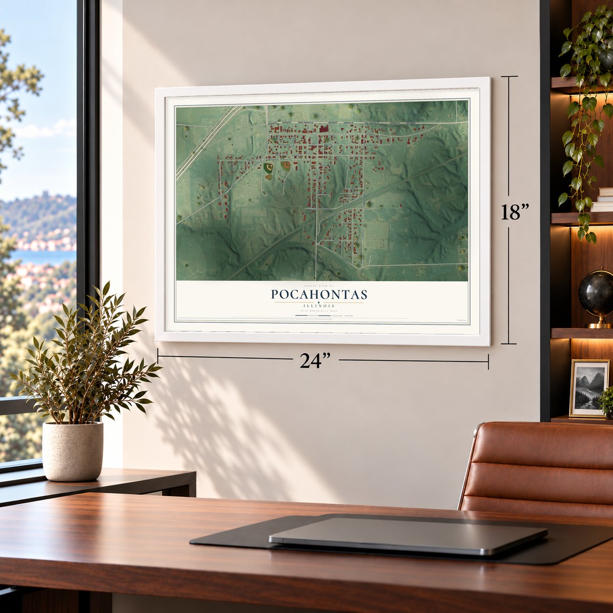 Pocahontas, Illinois map, 18 x 24 inch print in a white frame in a home office