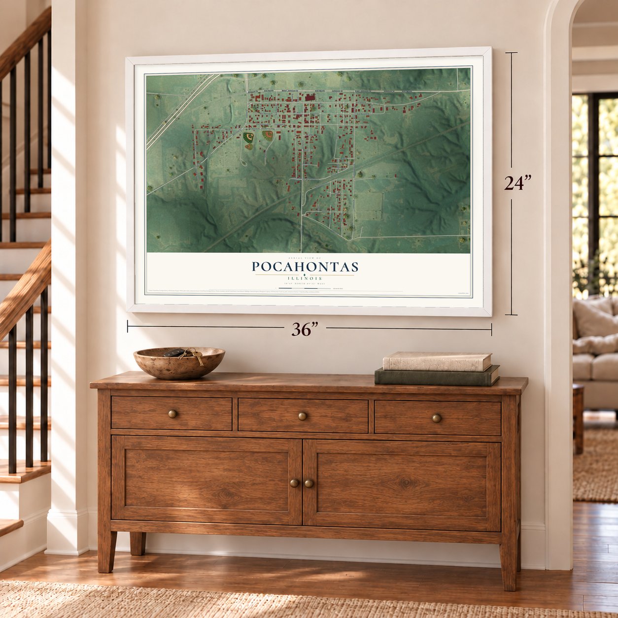 Pocahontas, Illinois map, 24 x 36 inch print in a white frame above a dresser by a staircase