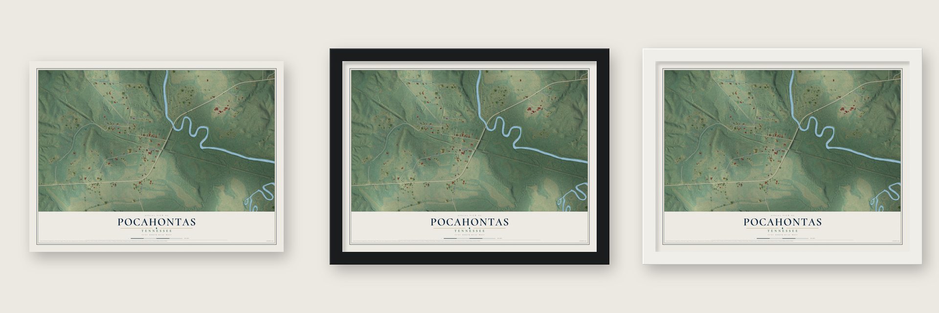 Pocahontas, Tennessee map unframed, in a black wood frame and in a white wood frame