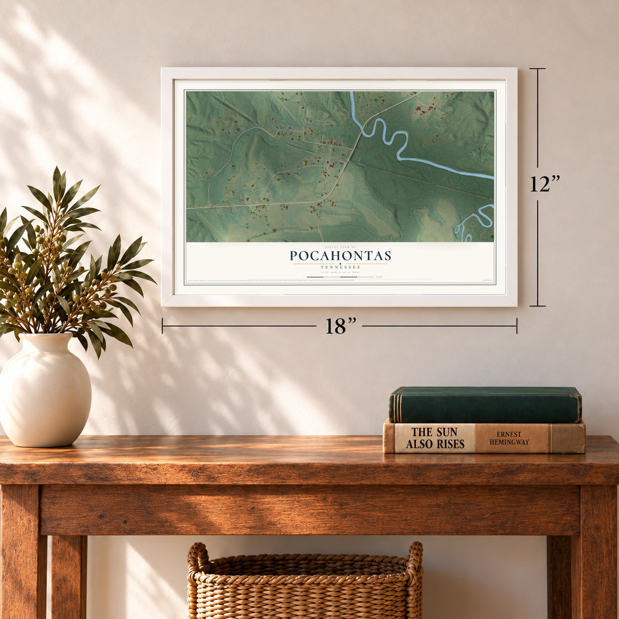 Pocahontas, Tennessee map, 12 x 18 inch print in a white frame in an entryway