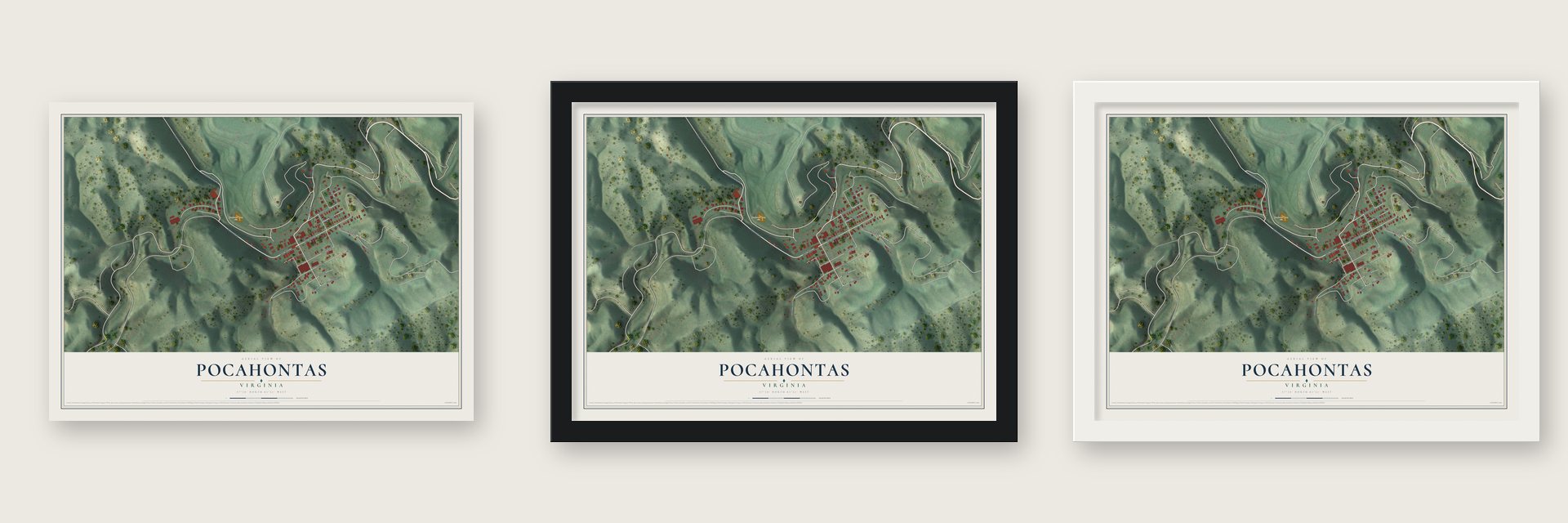 Pocahontas, Virginia map unframed, in a black wood frame and in a white wood frame
