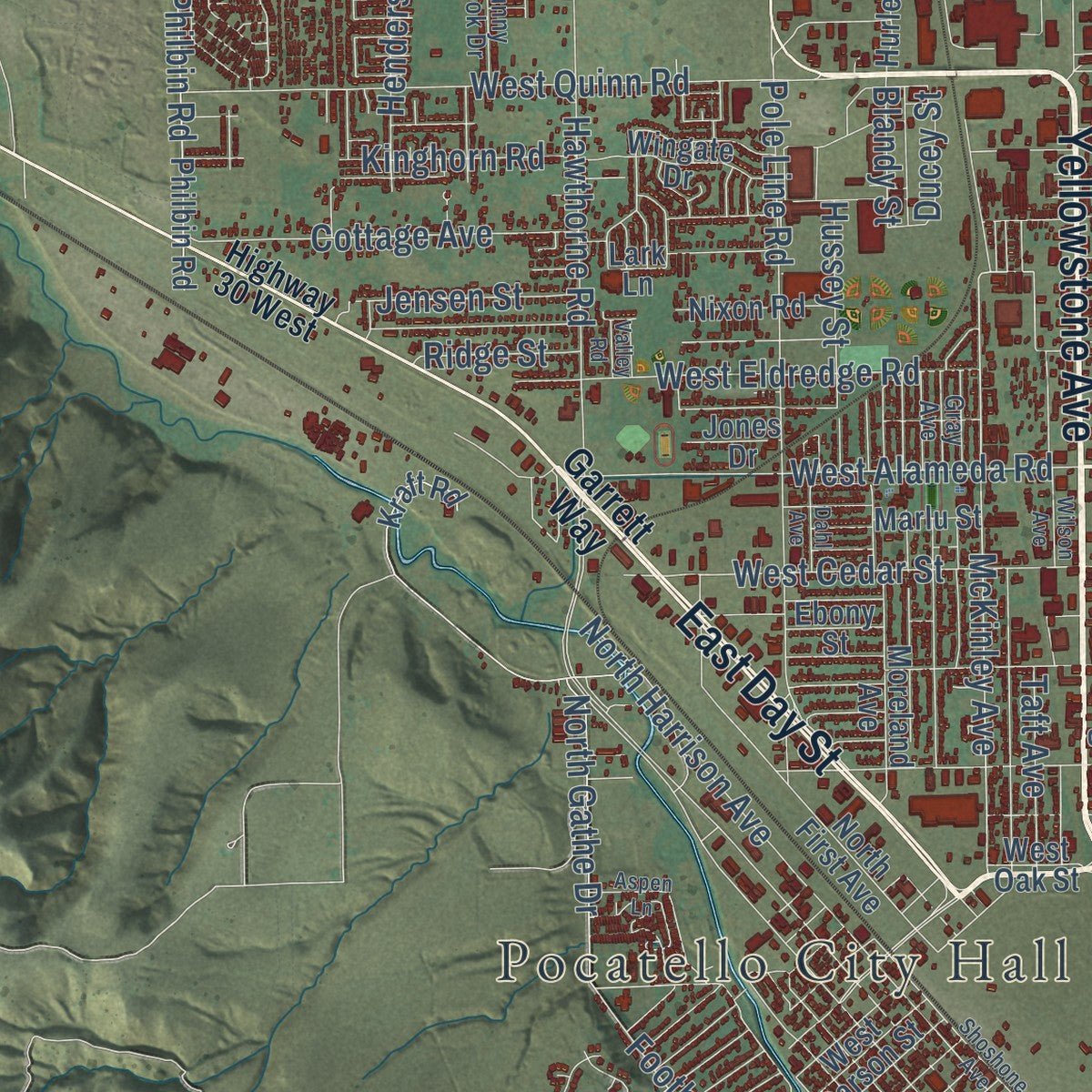 Second close-up of the map of Pocatello, Idaho print showing more streets and buildings