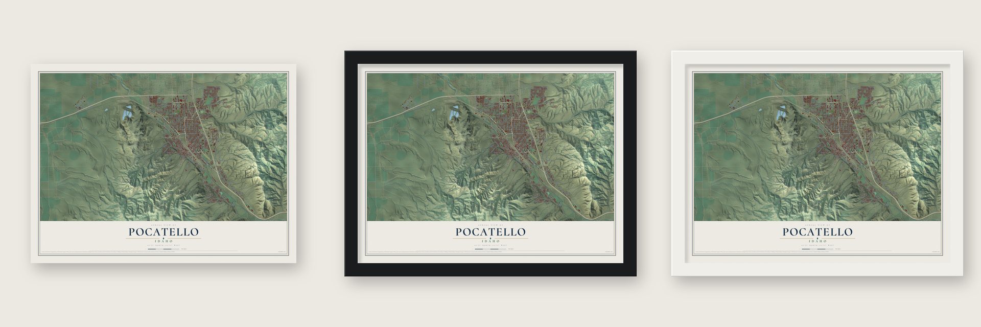 Pocatello, Idaho map unframed, in a black wood frame and in a white wood frame