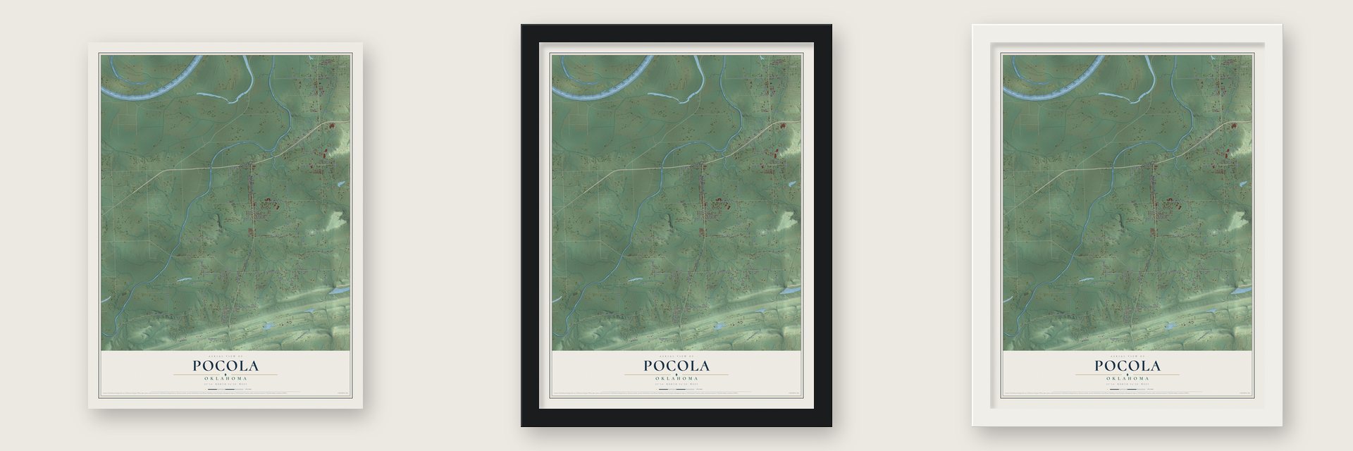 Pocola, Oklahoma map unframed, in a black wood frame and in a white wood frame