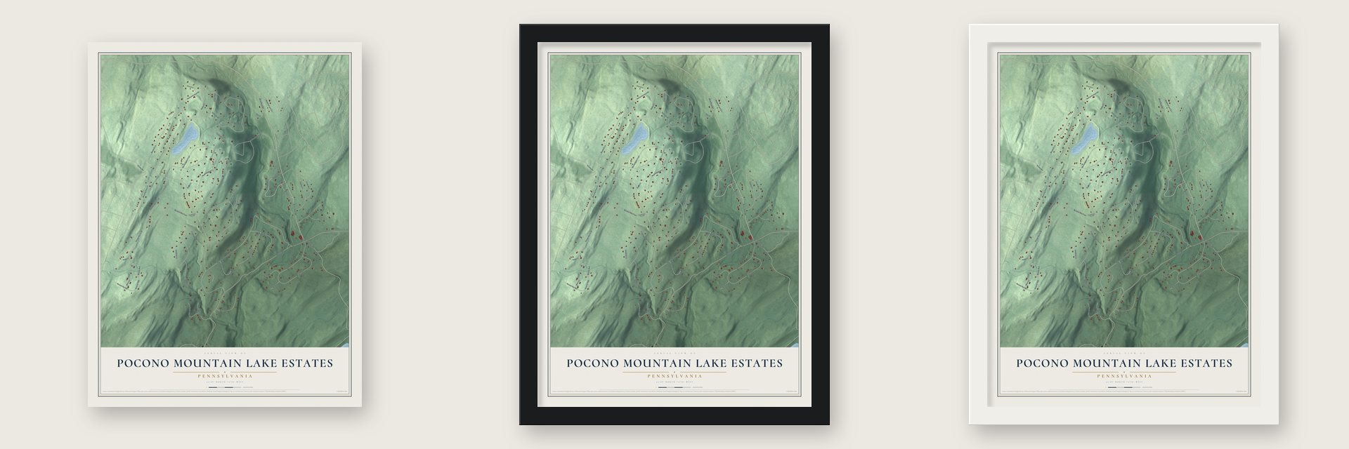 Pocono Mountain Lake Estates, Pennsylvania map unframed, in a black wood frame and in a white wood frame