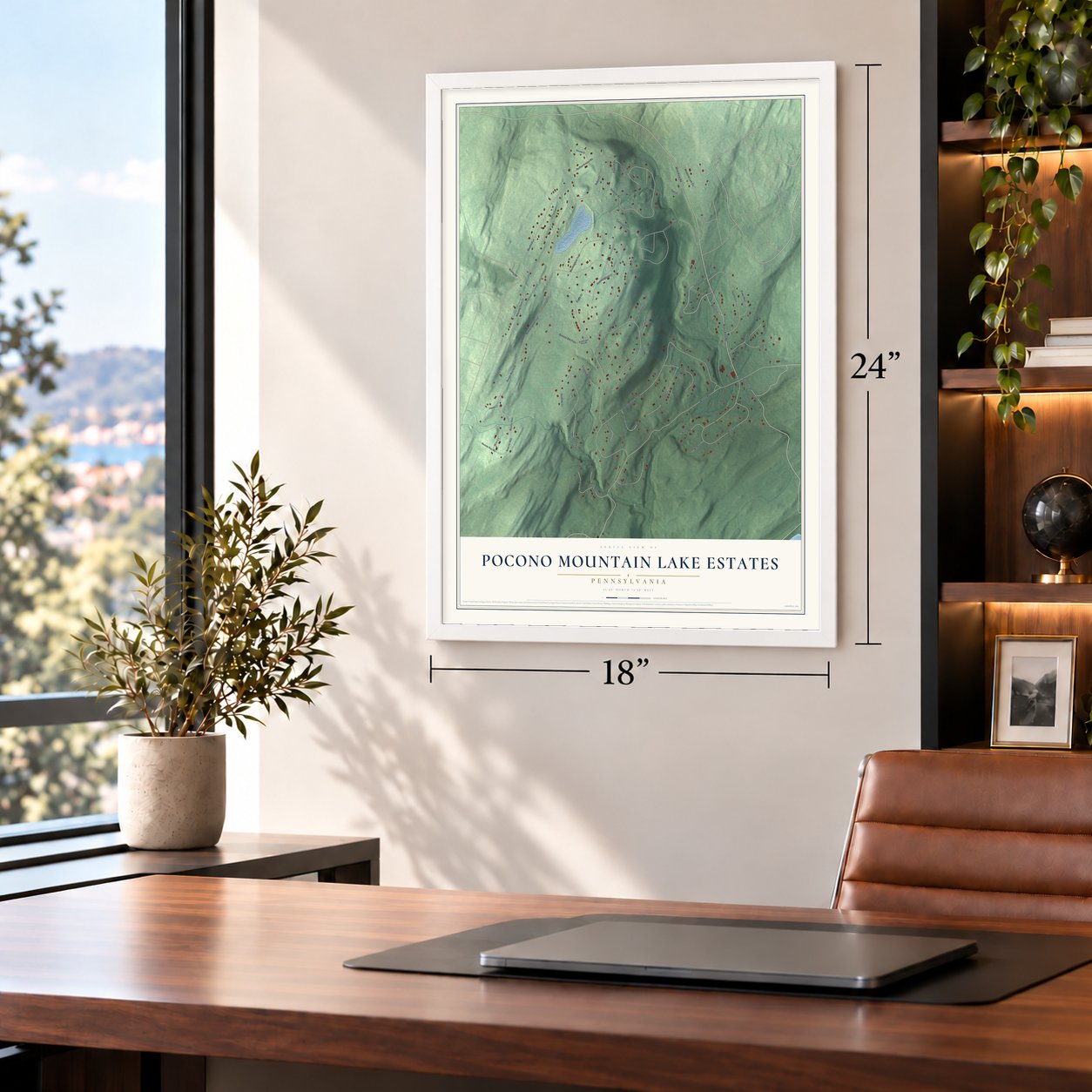 Pocono Mountain Lake Estates, Pennsylvania map, 18 x 24 inch print in a white frame in a home office