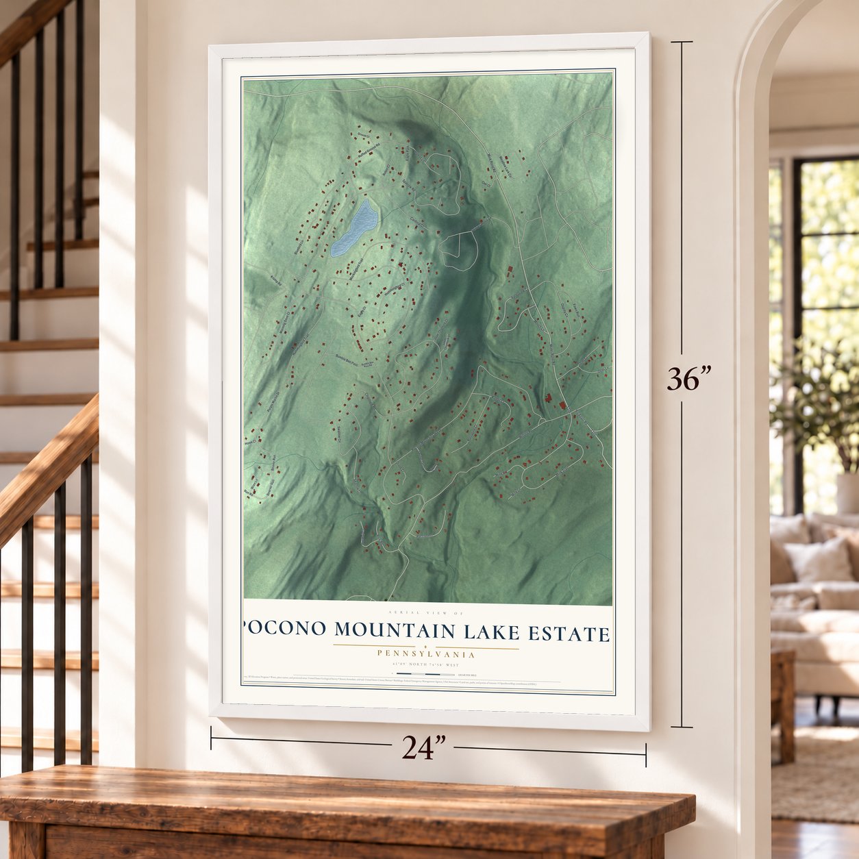 Pocono Mountain Lake Estates, Pennsylvania map, 24 x 36 inch print in a white frame by a staircase