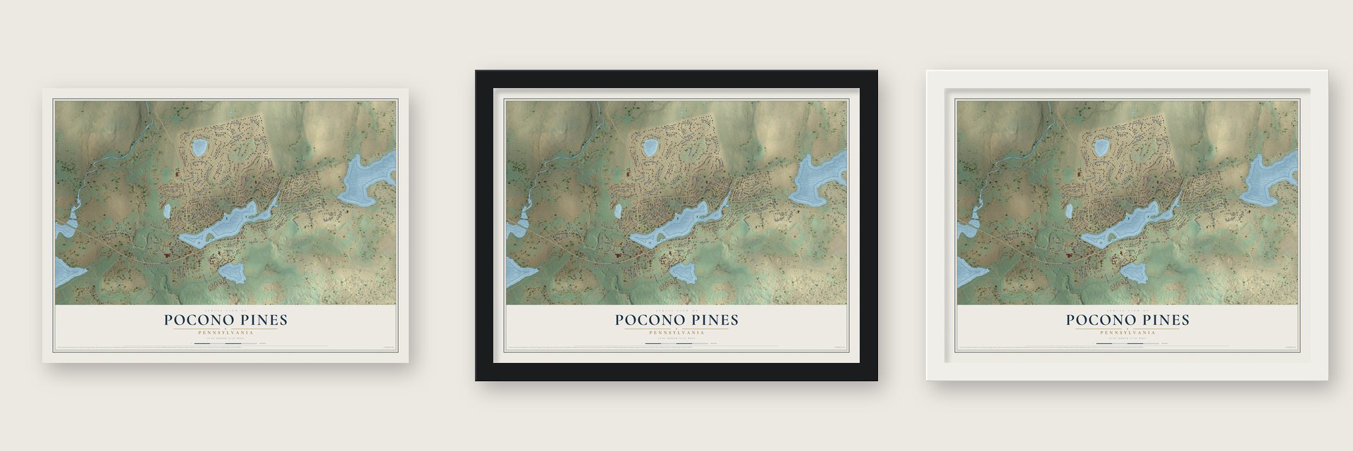 Pocono Pines, Pennsylvania map unframed, in a black wood frame and in a white wood frame