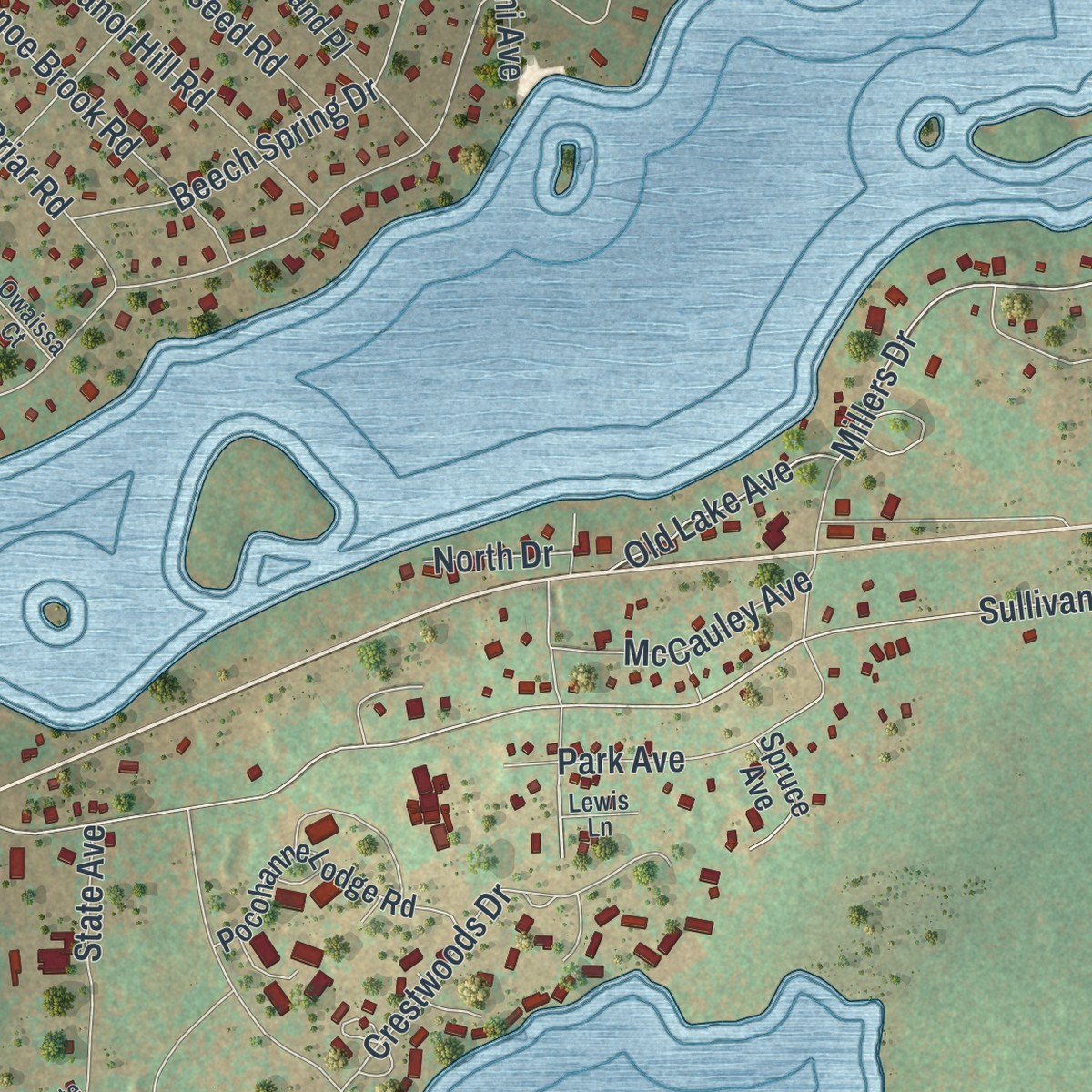 Second close-up of the map of Pocono Pines, Pennsylvania print showing more streets and buildings
