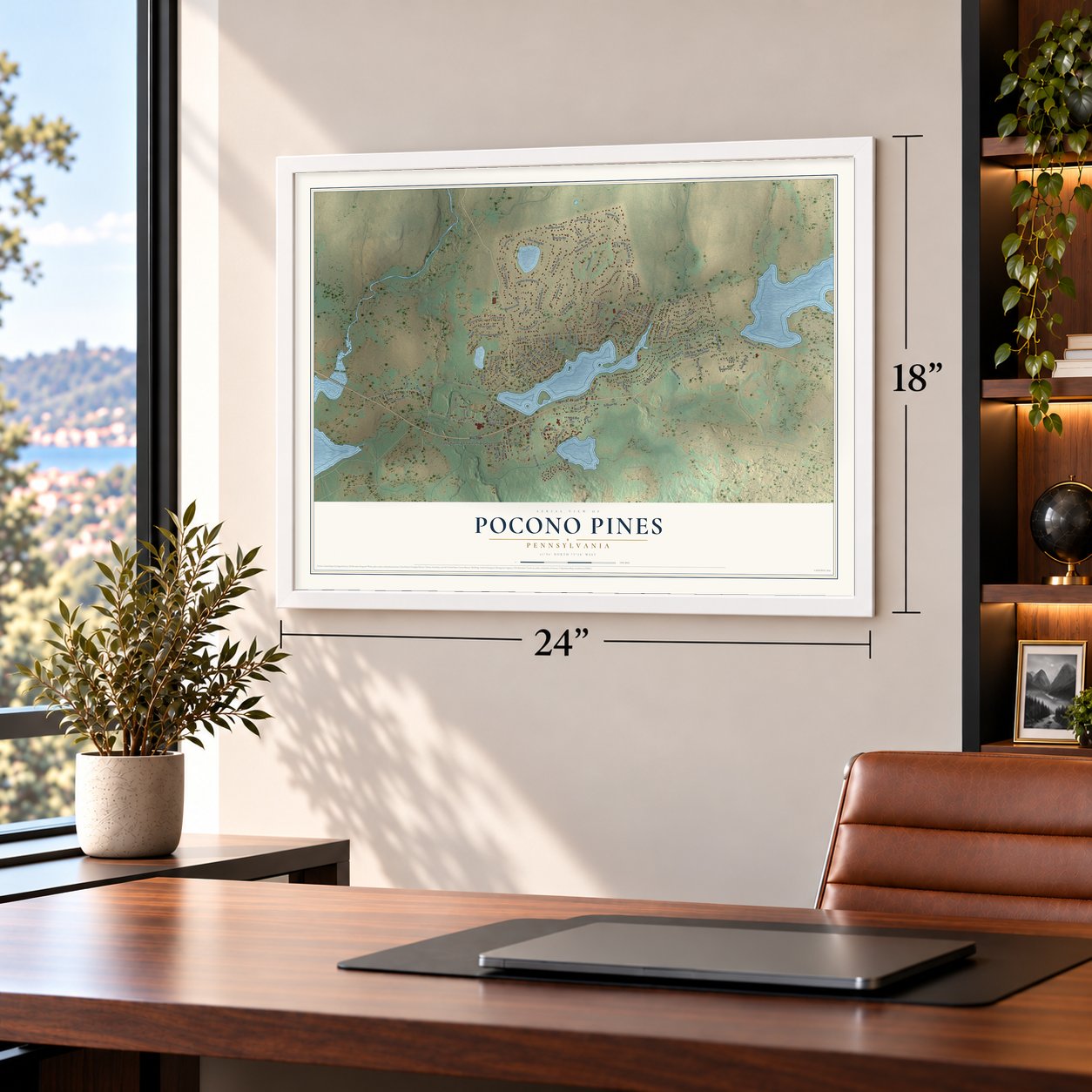 Pocono Pines, Pennsylvania map, 18 x 24 inch print in a white frame in a home office