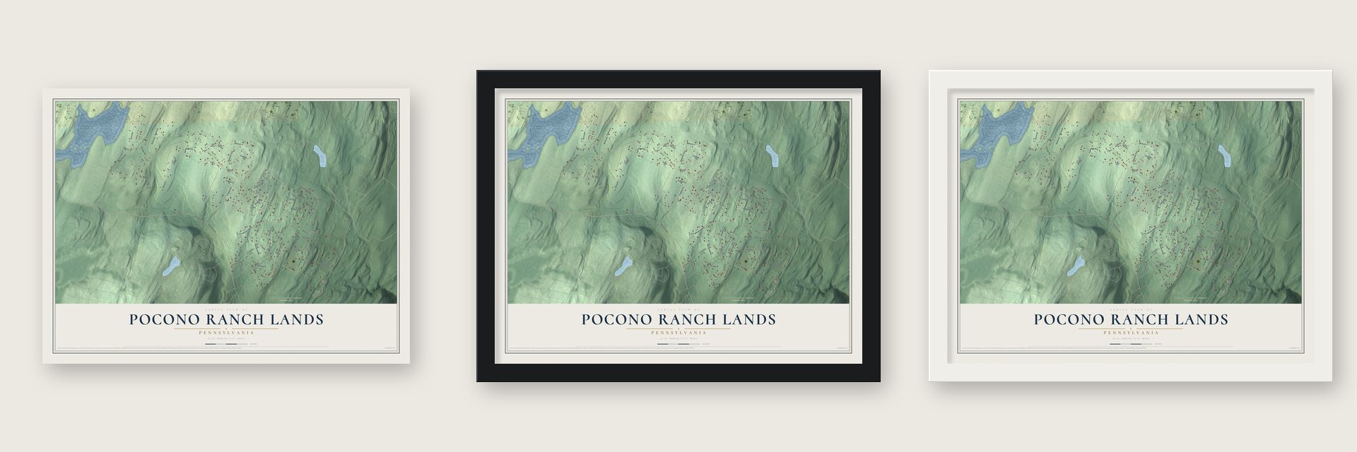 Pocono Ranch Lands, Pennsylvania map unframed, in a black wood frame and in a white wood frame