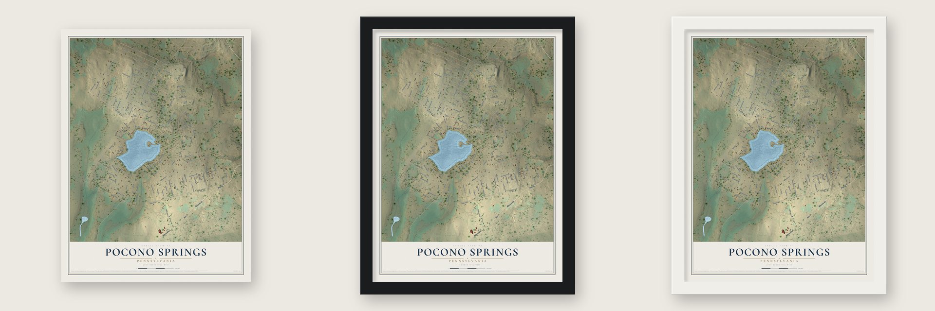 Pocono Springs, Pennsylvania map unframed, in a black wood frame and in a white wood frame