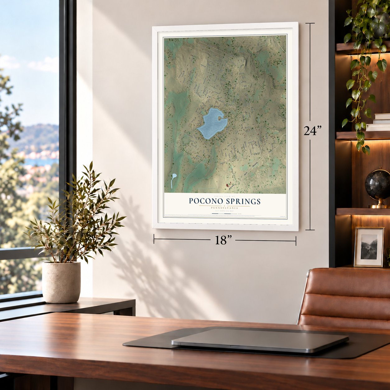 Pocono Springs, Pennsylvania map, 18 x 24 inch print in a white frame in a home office
