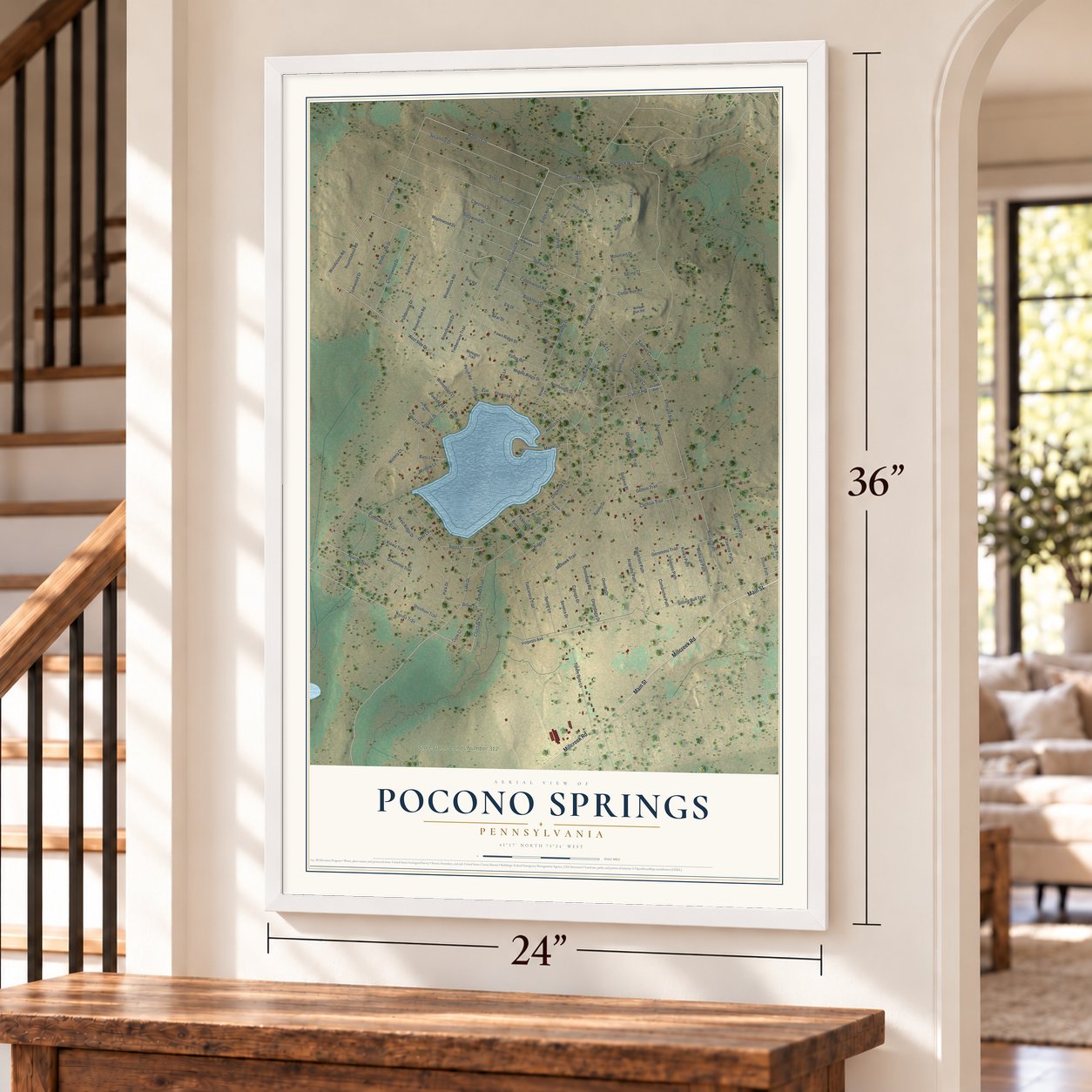 Pocono Springs, Pennsylvania map, 24 x 36 inch print in a white frame by a staircase