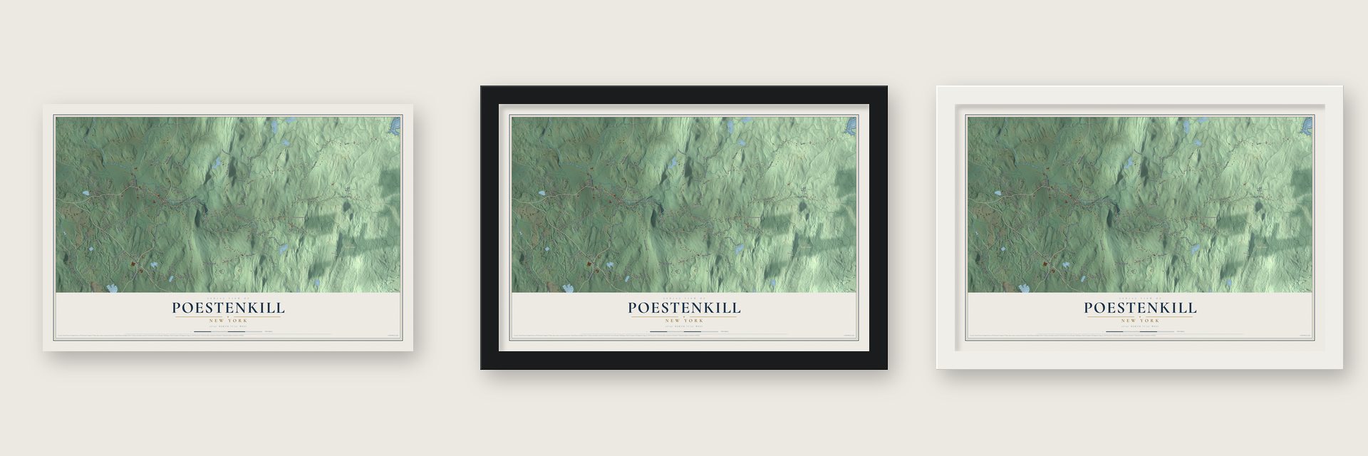 Poestenkill, New York map unframed, in a black wood frame and in a white wood frame