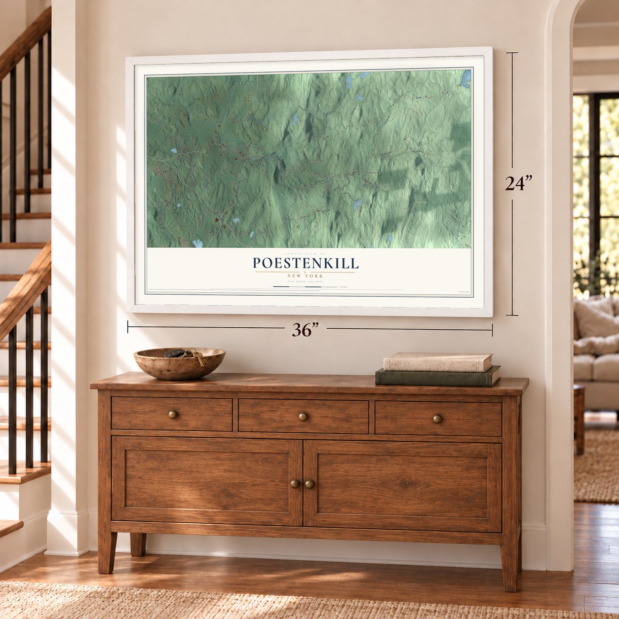 Poestenkill, New York map, 24 x 36 inch print in a white frame above a dresser by a staircase