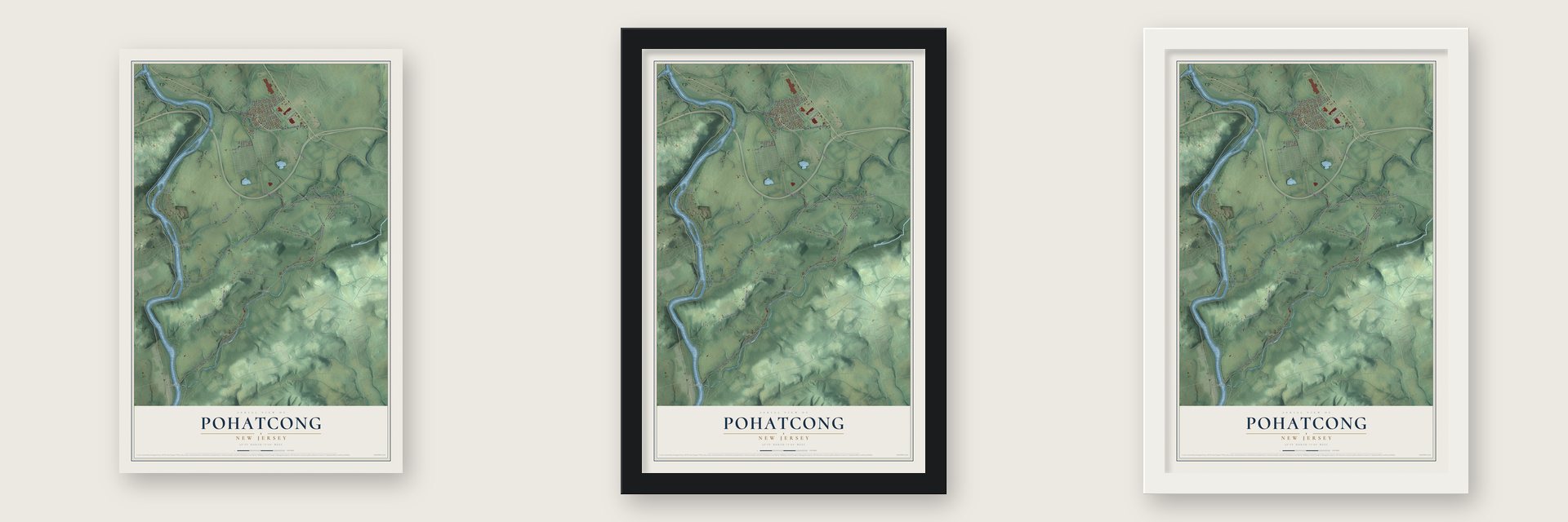 Pohatcong, New Jersey map unframed, in a black wood frame and in a white wood frame