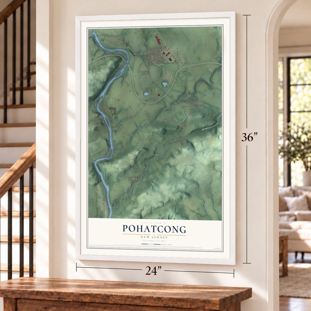 Pohatcong, New Jersey map, 24 x 36 inch print in a white frame by a staircase