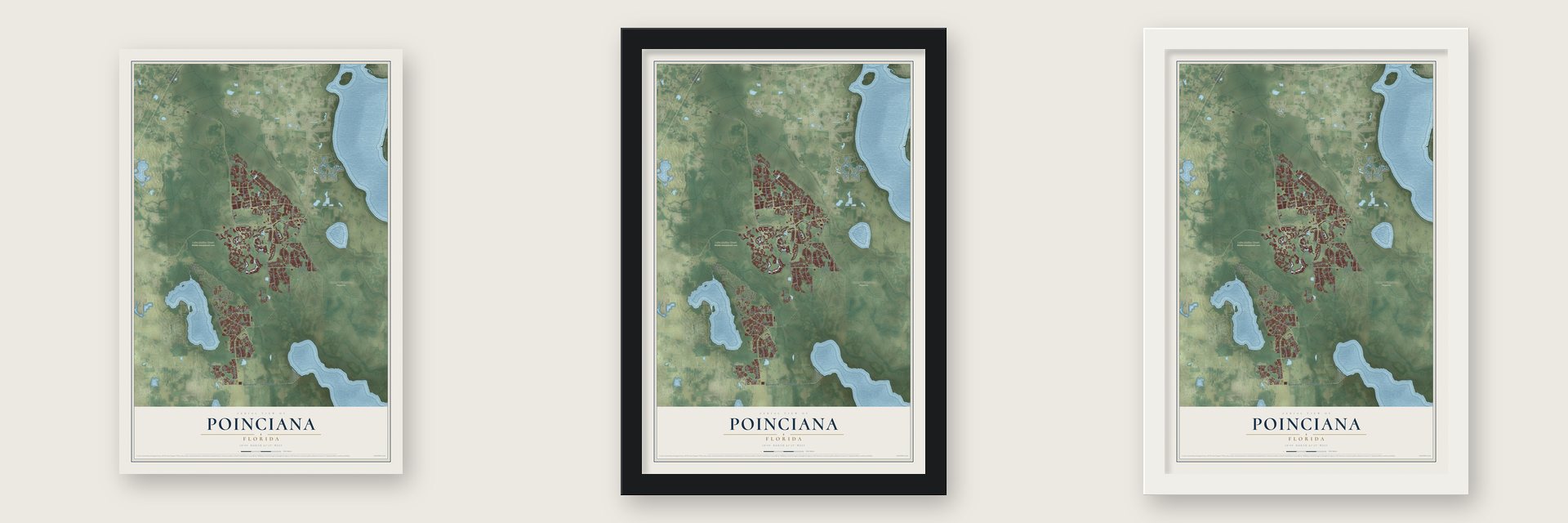 Poinciana, Florida map unframed, in a black wood frame and in a white wood frame