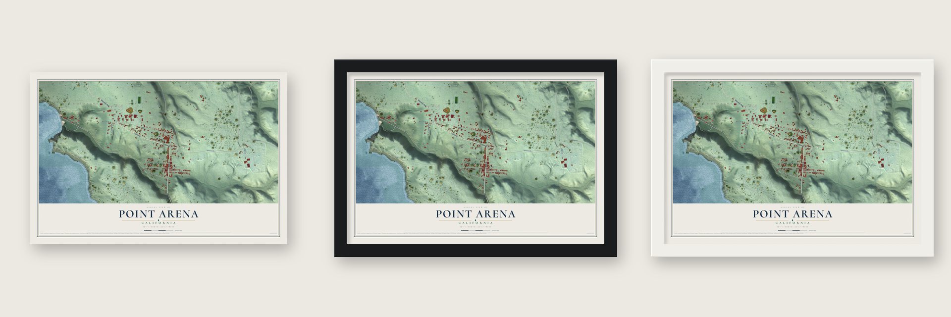 Point Arena, California map unframed, in a black wood frame and in a white wood frame