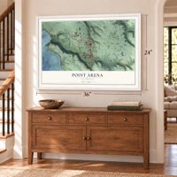 Point Arena, California map, 24 x 36 inch print in a white frame above a dresser by a staircase