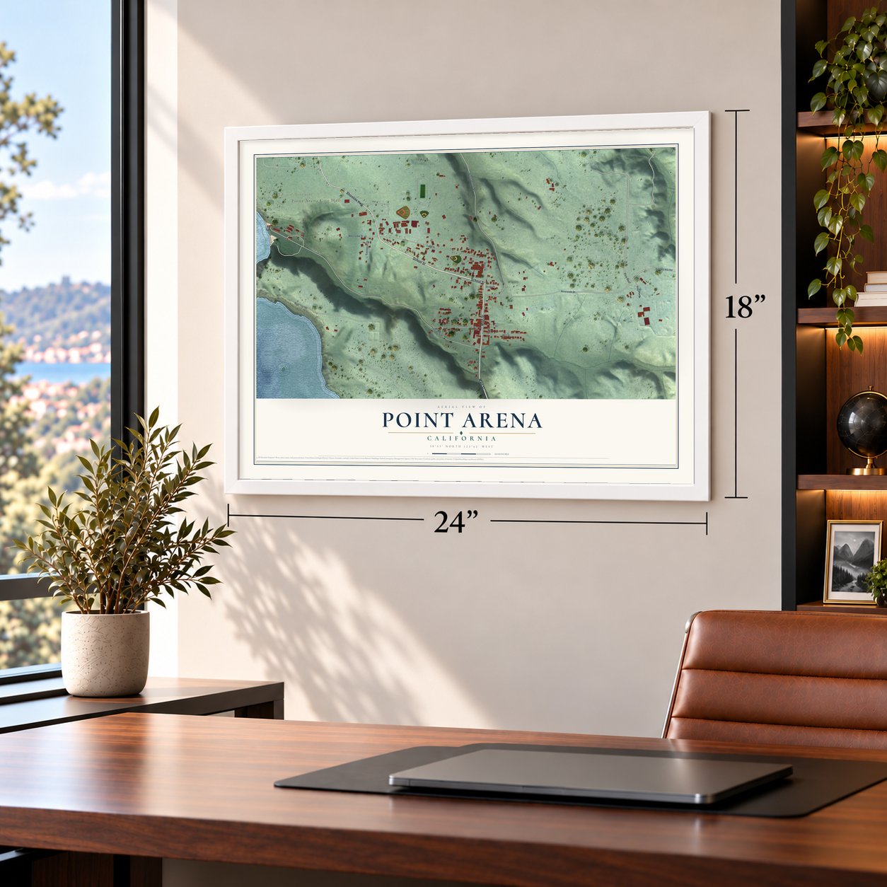 Point Arena, California map, 18 x 24 inch print in a white frame in a home office
