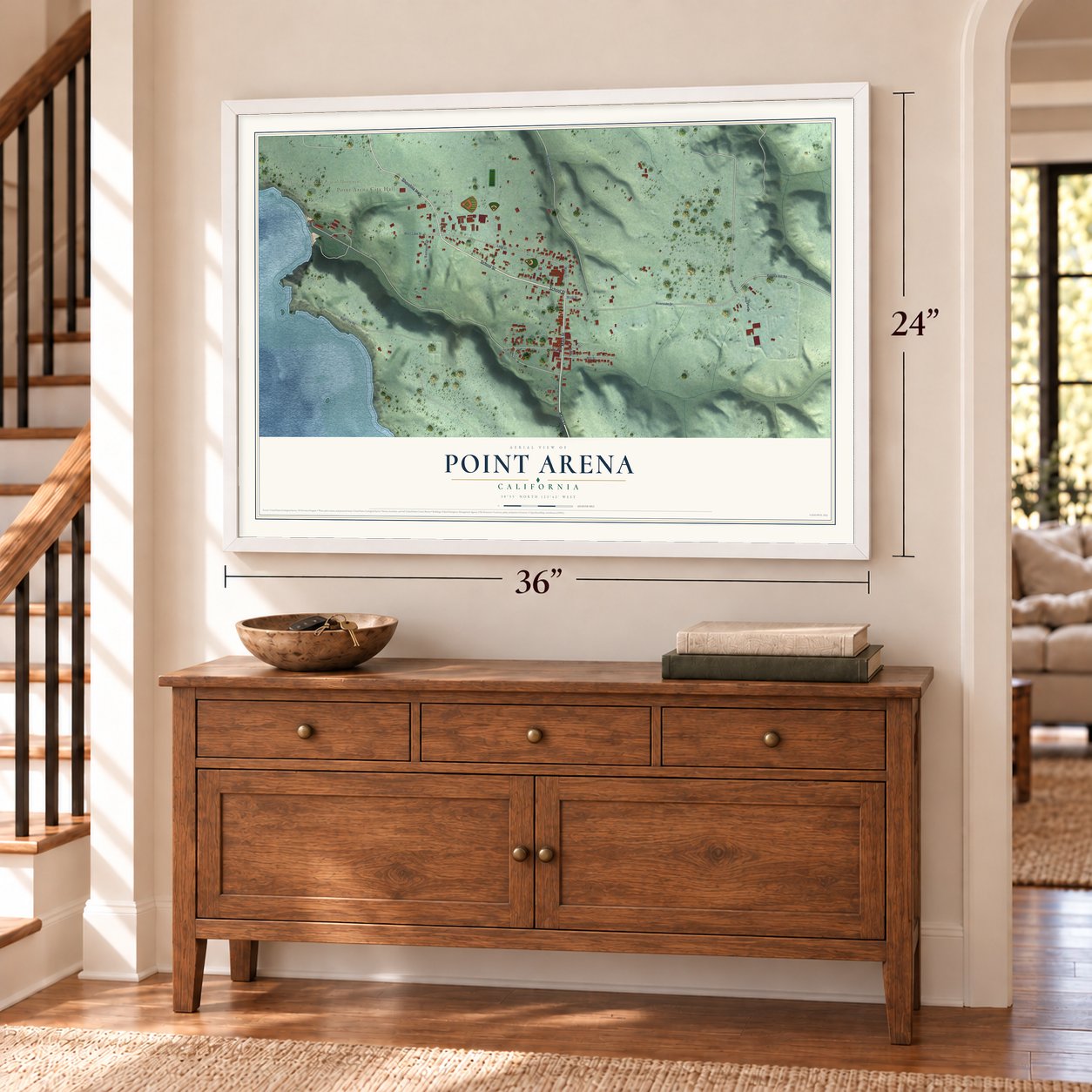 Point Arena, California map, 24 x 36 inch print in a white frame above a dresser by a staircase
