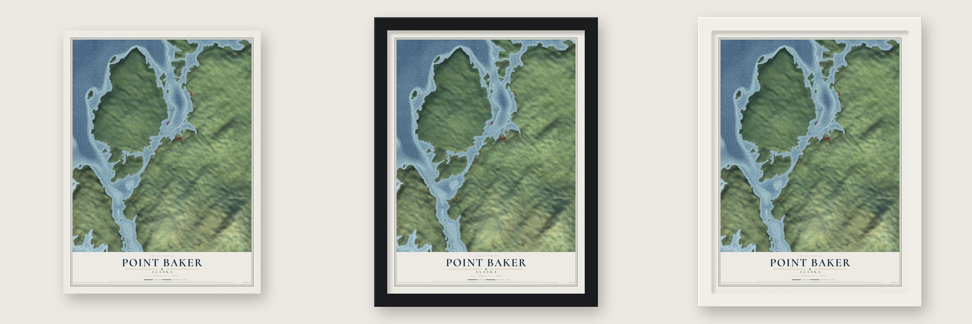Point Baker, Alaska map unframed, in a black wood frame and in a white wood frame