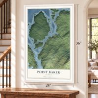 Point Baker, Alaska map, 24 x 36 inch print in a white frame by a staircase