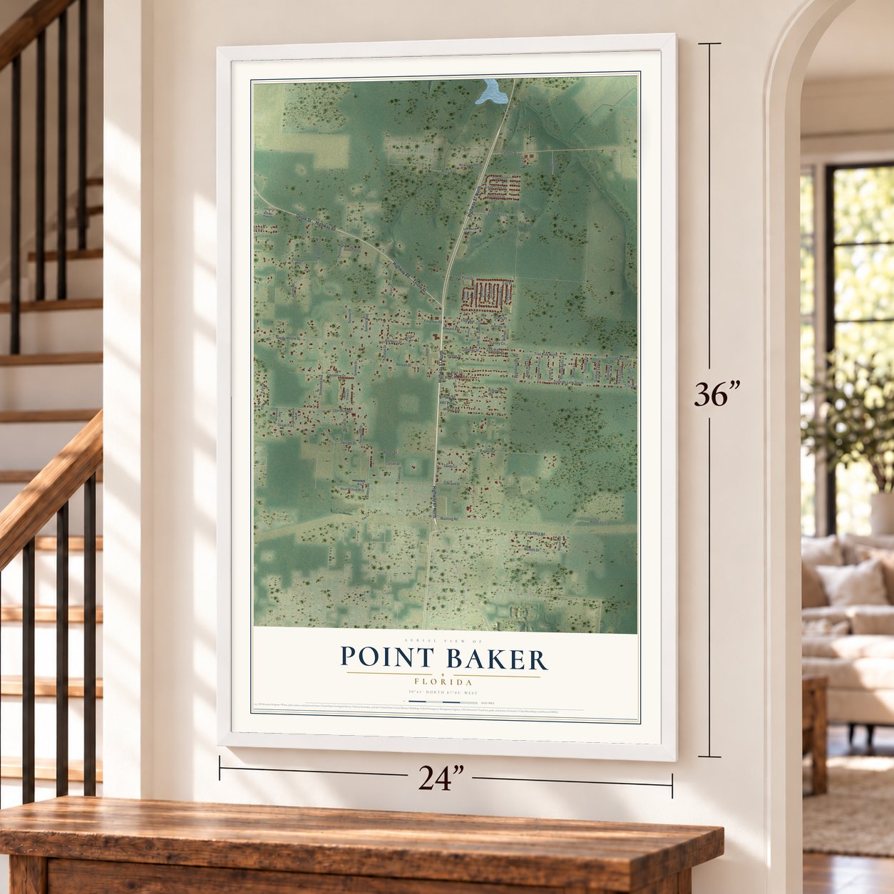 Point Baker, Florida map, 24 x 36 inch print in a white frame by a staircase