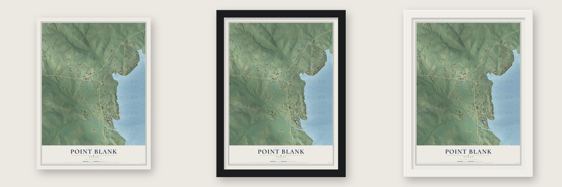 Point Blank, Texas map unframed, in a black wood frame and in a white wood frame