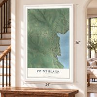 Point Blank, Texas map, 24 x 36 inch print in a white frame by a staircase