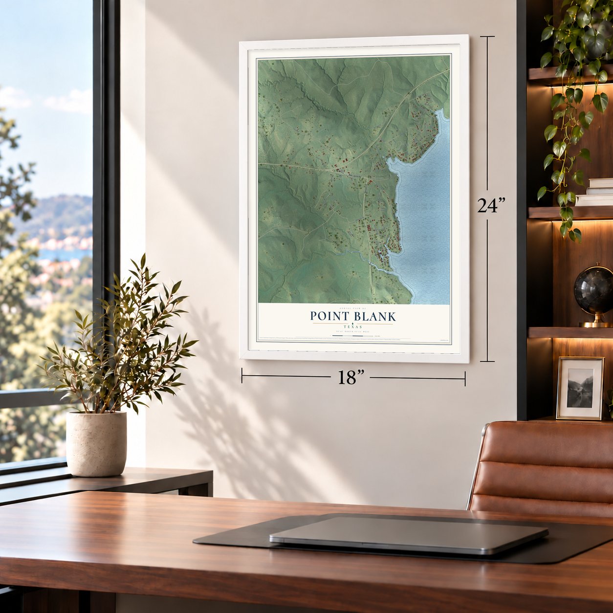 Point Blank, Texas map, 18 x 24 inch print in a white frame in a home office