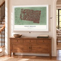 Point Breeze, Philadelphia, Pennsylvania map, 24 x 36 inch print in a white frame above a dresser by a staircase