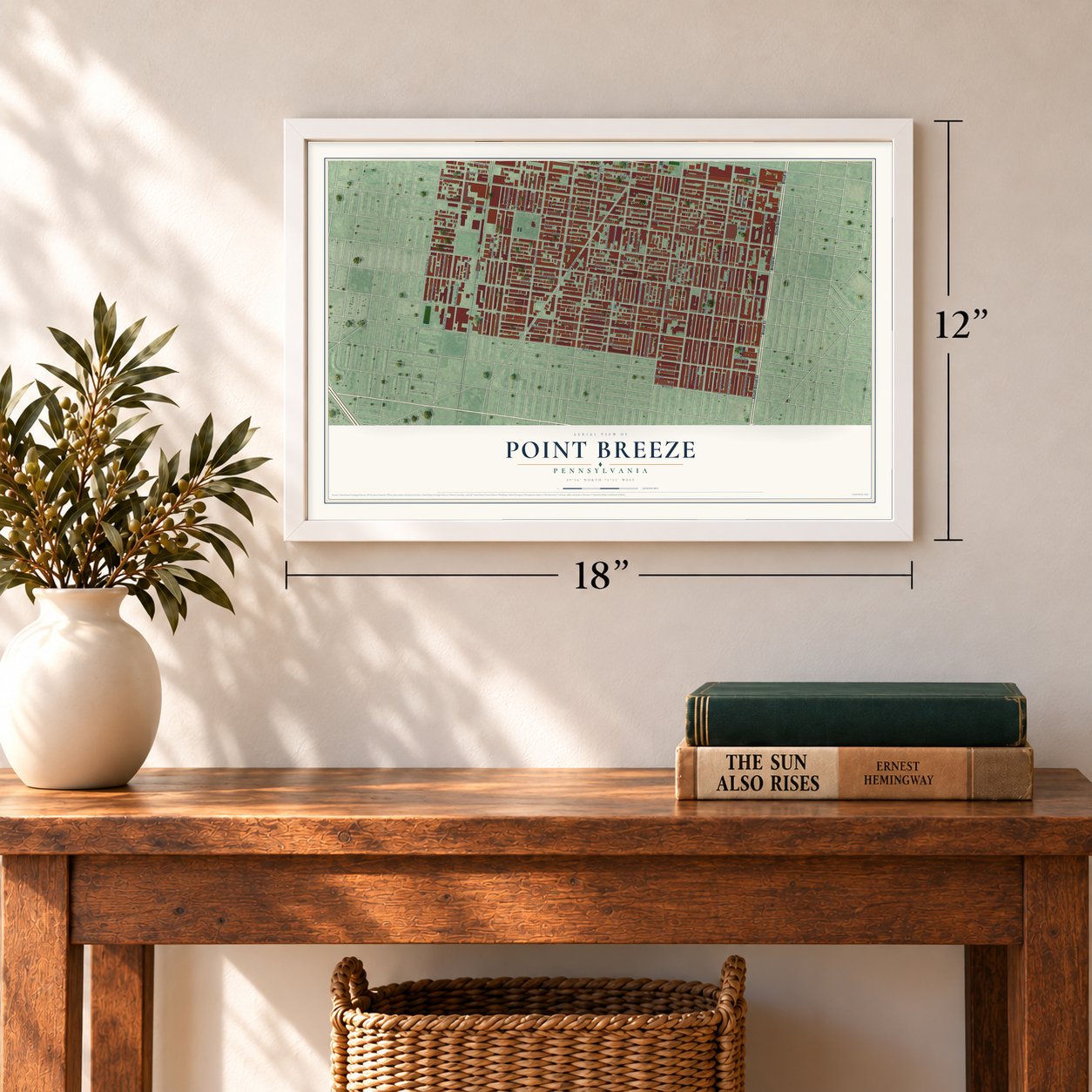 Point Breeze, Philadelphia, Pennsylvania map, 12 x 18 inch print in a white frame in an entryway