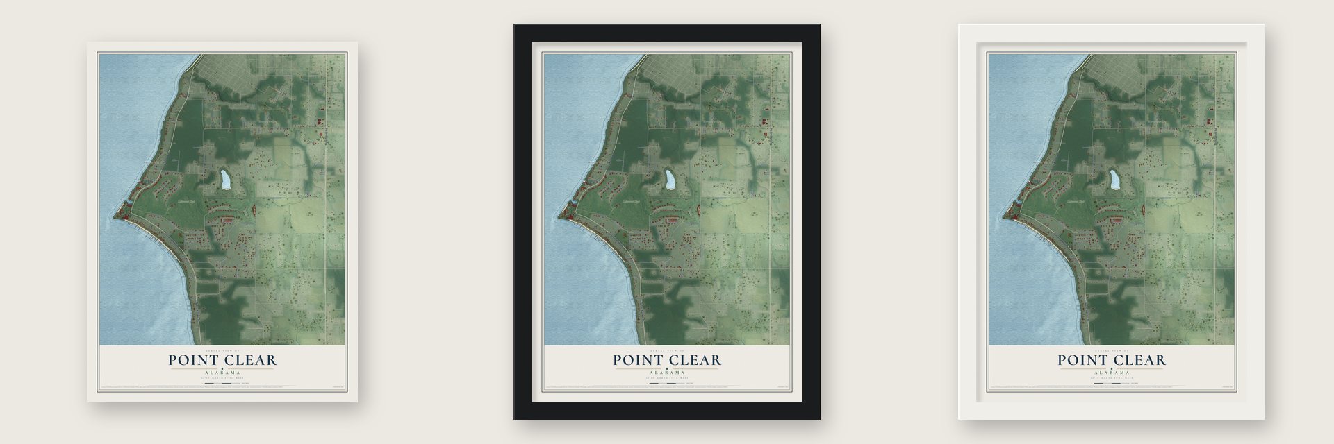 Point Clear, Alabama map unframed, in a black wood frame and in a white wood frame