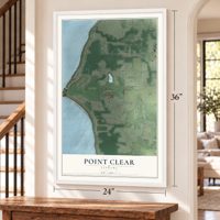 Point Clear, Alabama map, 24 x 36 inch print in a white frame by a staircase