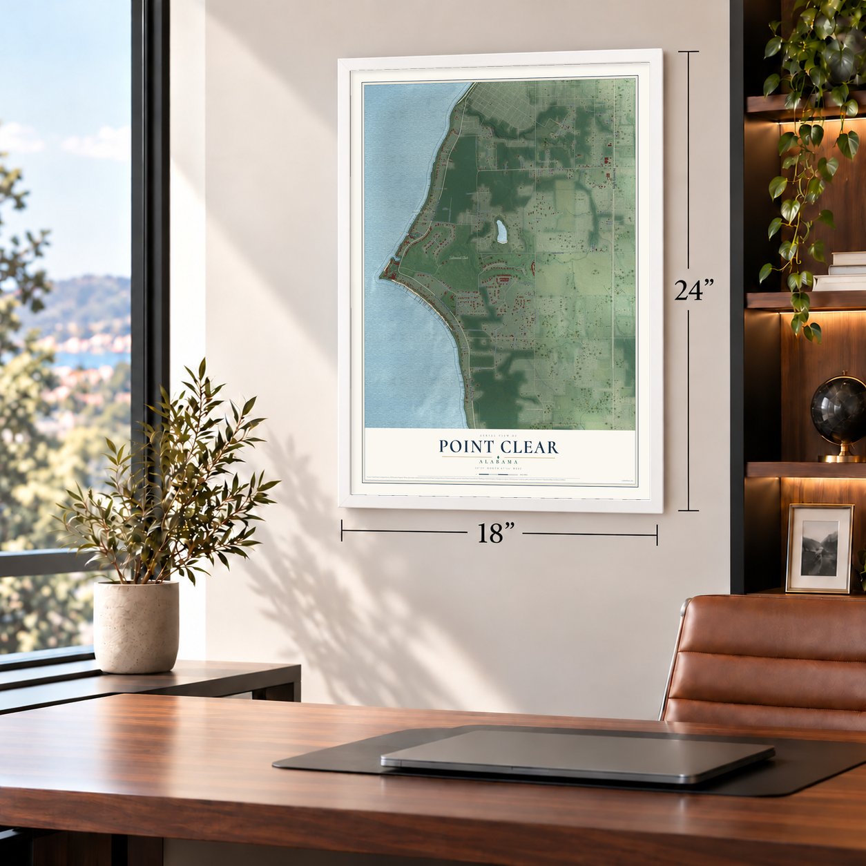 Point Clear, Alabama map, 18 x 24 inch print in a white frame in a home office