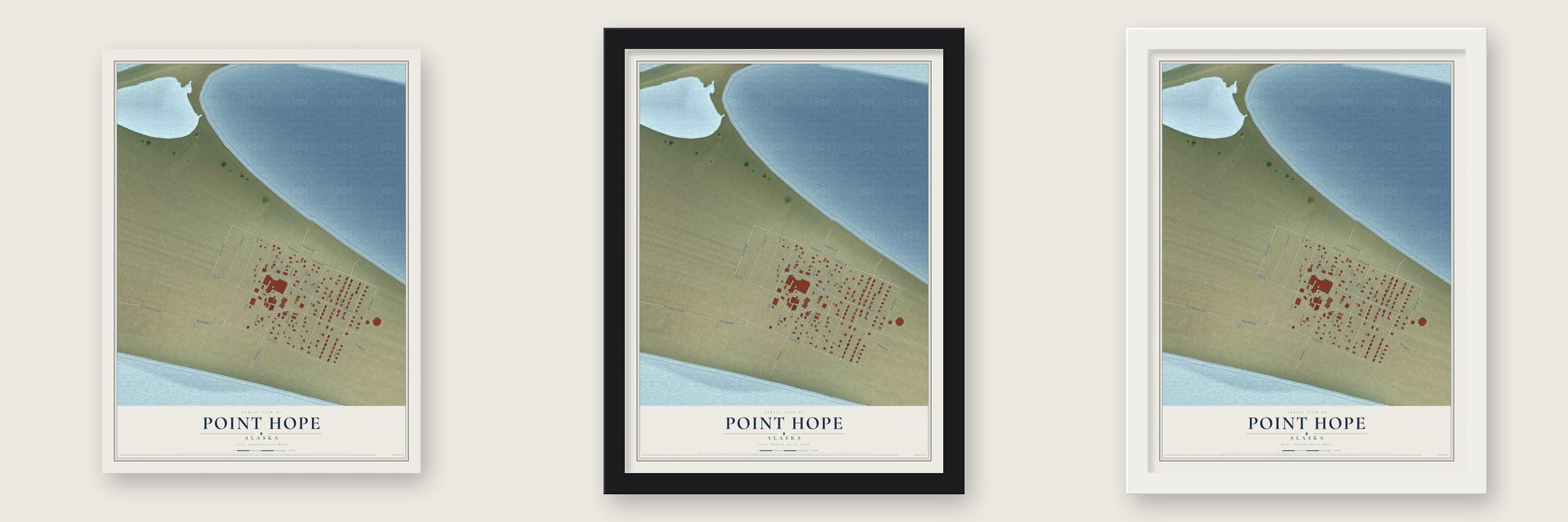 Point Hope, Alaska map unframed, in a black wood frame and in a white wood frame