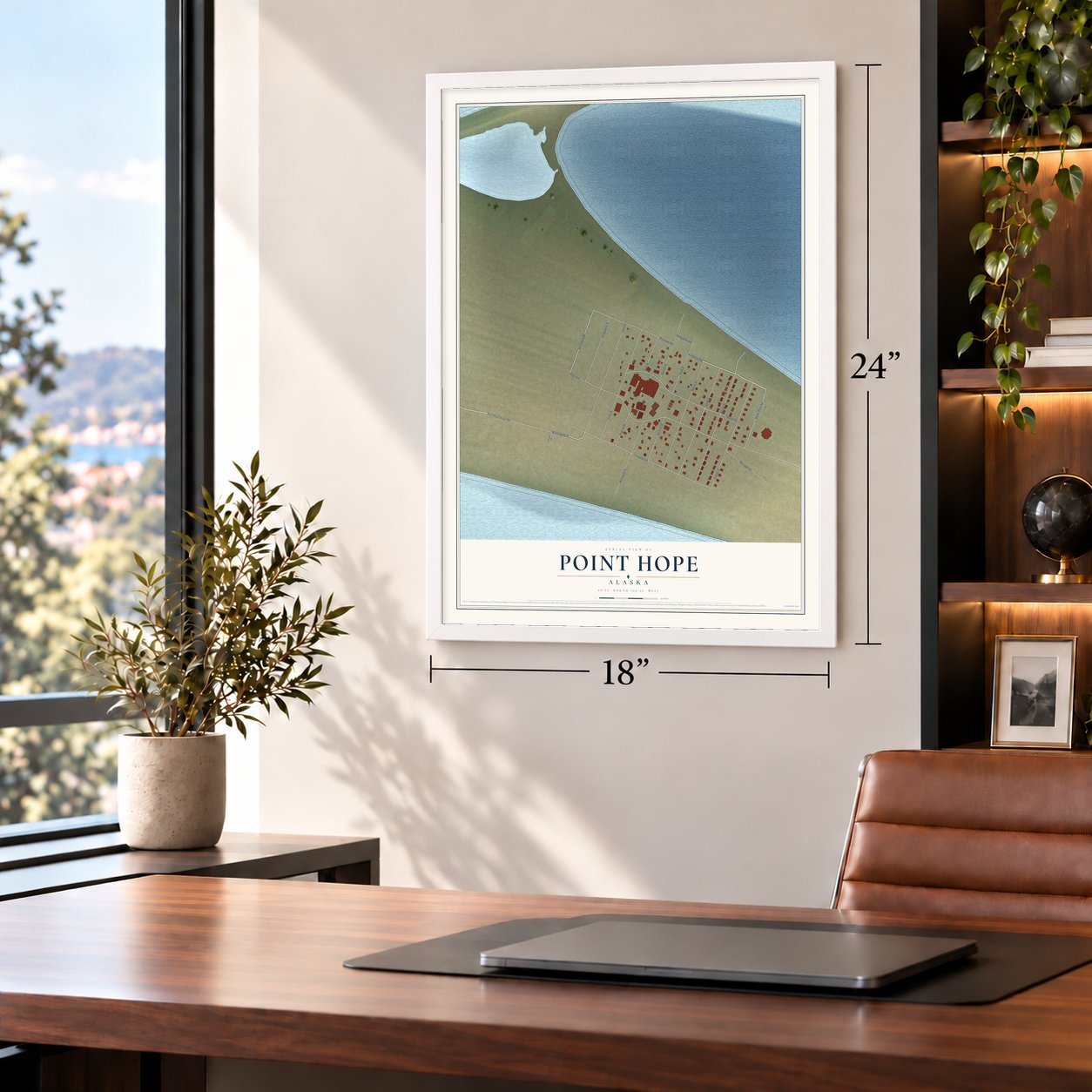 Point Hope, Alaska map, 18 x 24 inch print in a white frame in a home office