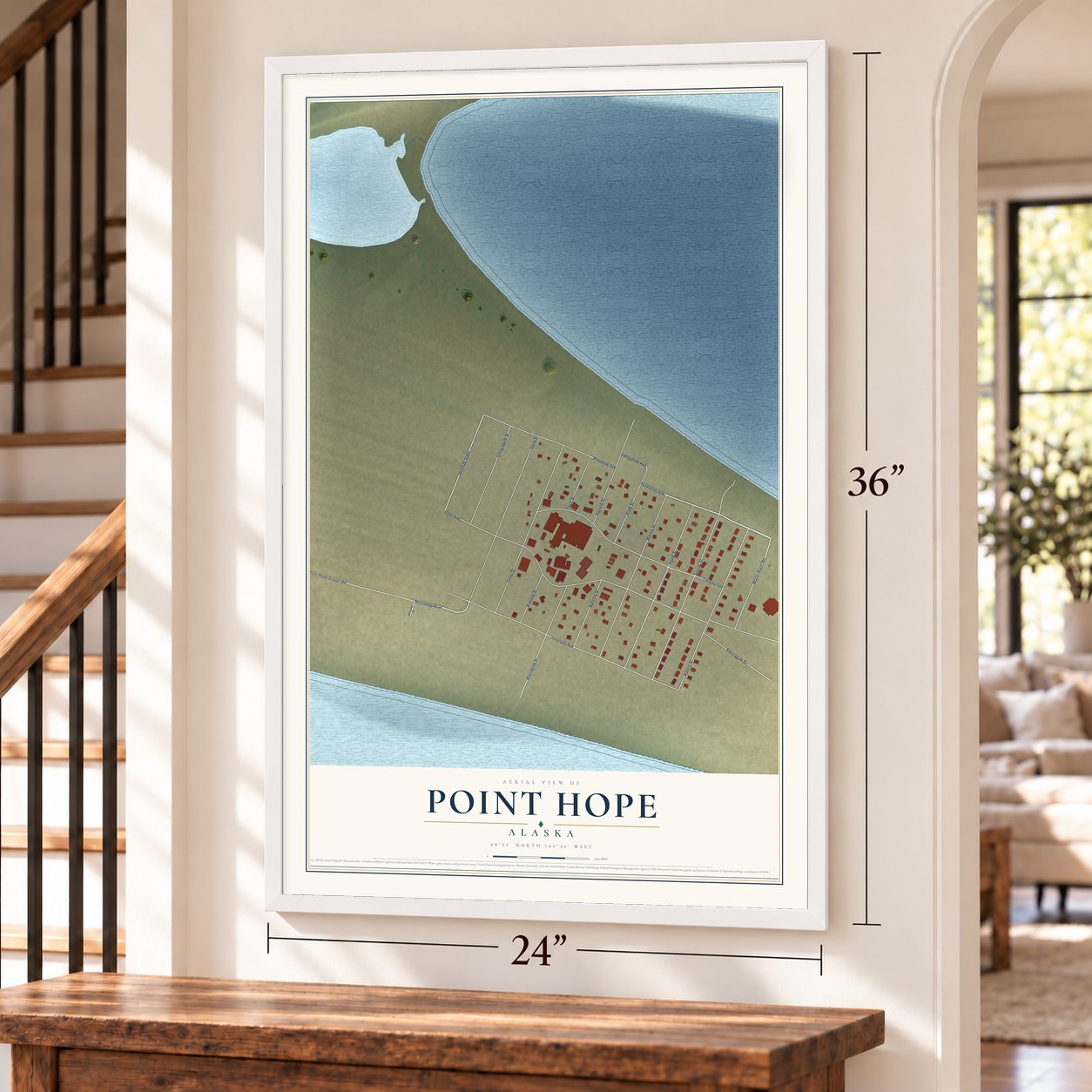 Point Hope, Alaska map, 24 x 36 inch print in a white frame by a staircase