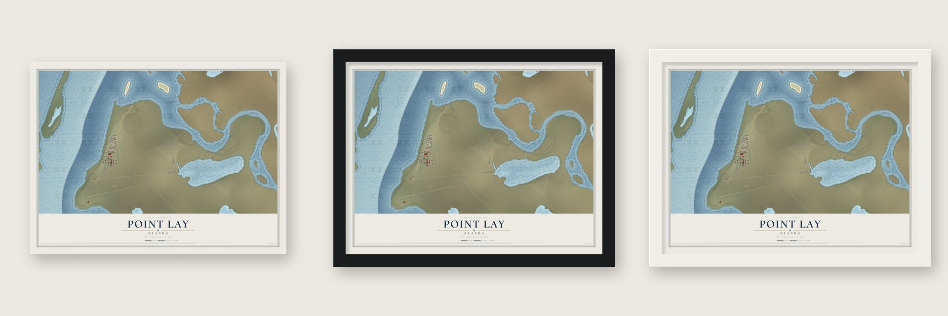 Point Lay, Alaska map unframed, in a black wood frame and in a white wood frame