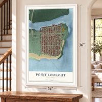 Point Lookout, New York map, 24 x 36 inch print in a white frame by a staircase