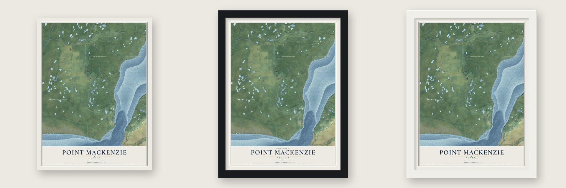 Point MacKenzie, Alaska map unframed, in a black wood frame and in a white wood frame
